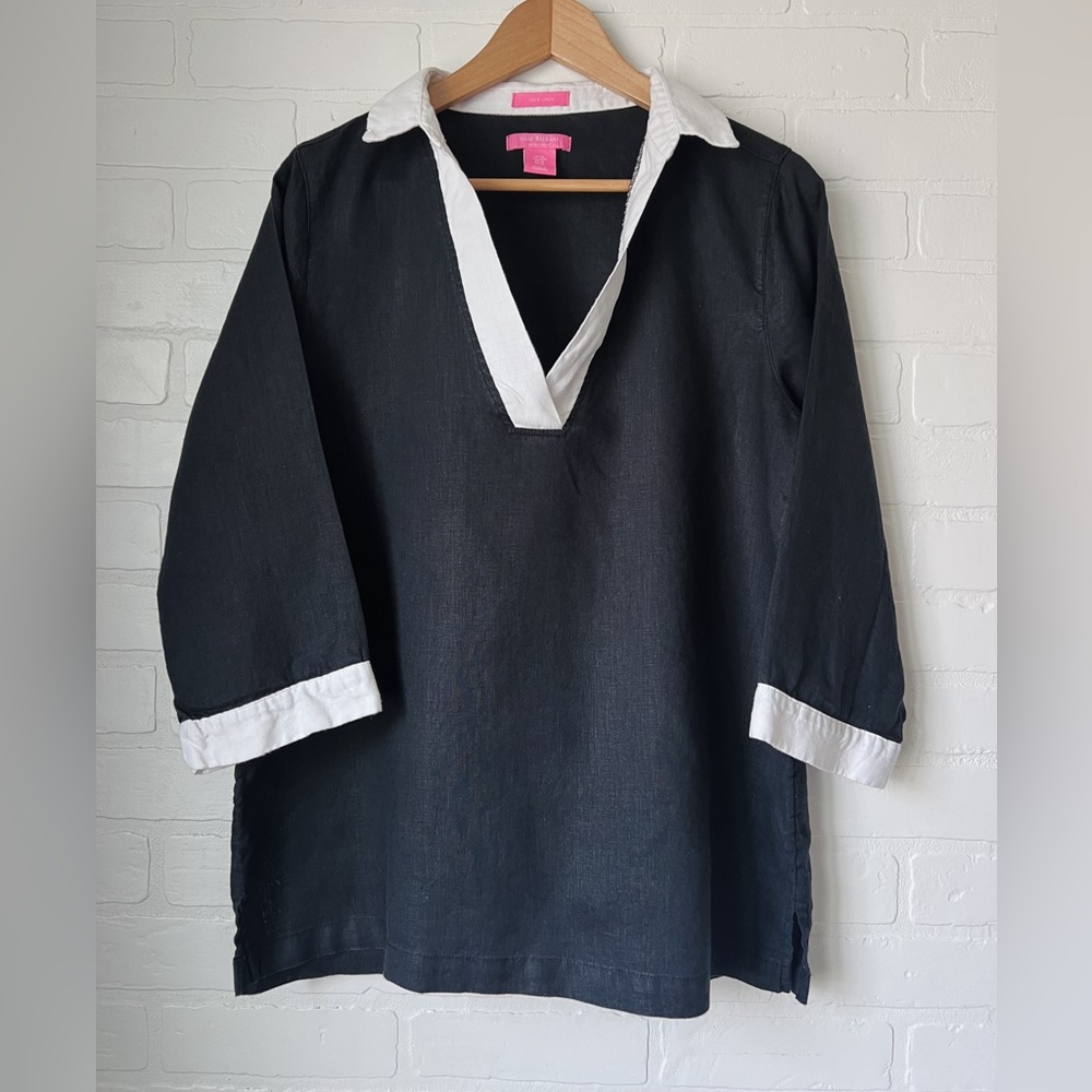 Isaac Mizrahi 100% Linen Tunic, Black and White, Size M, Excellent Condition